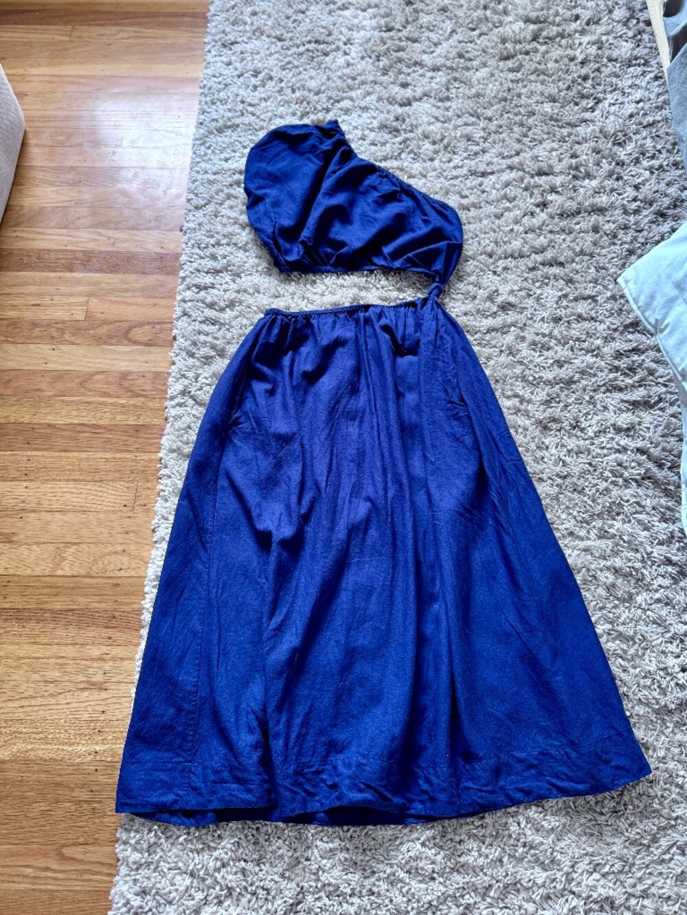 Farm Rio linen one shoulder cutout navy indigo blue midi dress S